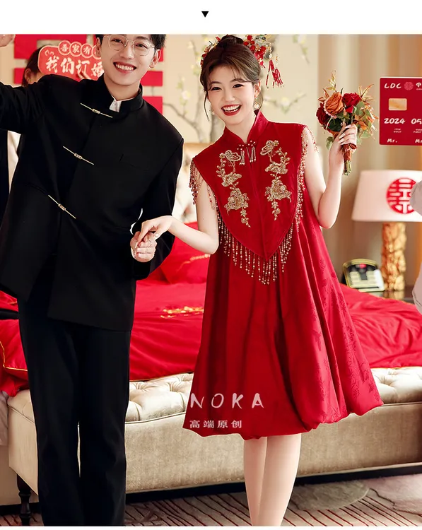 胖MM大妈旗袍晚礼服中长款红色2025新款孕妇订婚结婚敬酒礼服