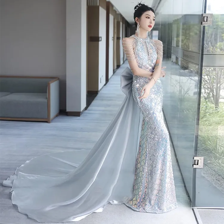 高贵法式晚礼服女款高端轻奢宴会主持人婚纱鱼尾裙连衣裙敬酒礼服