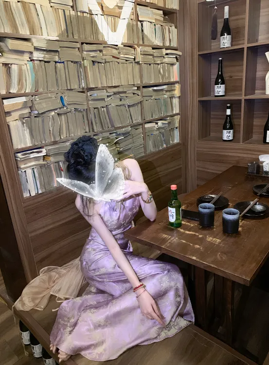 【雅乔定制】紫单庭 紫底金竹人丝吊带连衣裙DYYY-24045308