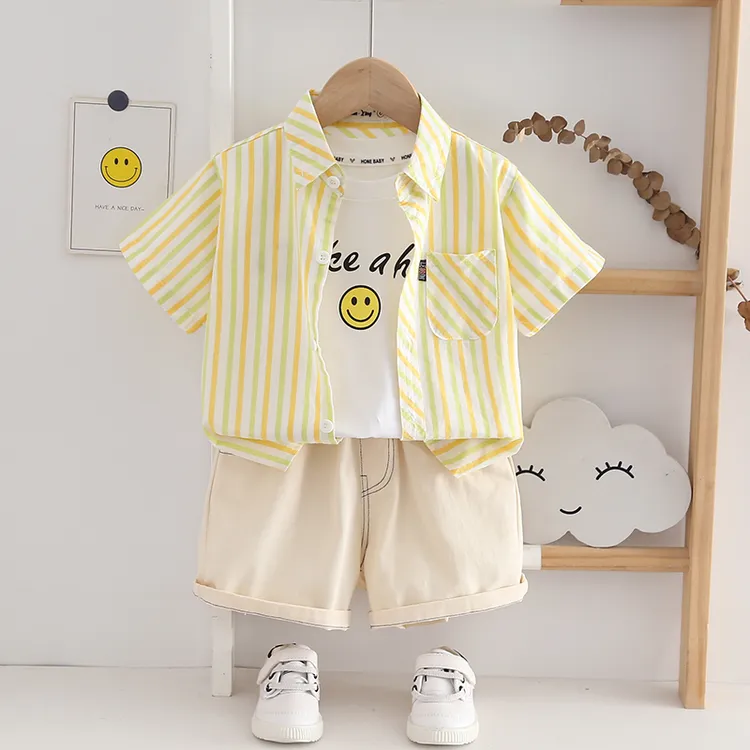 2025夏季新款男童短袖衬衫纯棉薄款宝宝儿童条纹衬衣洋气半袖衫潮