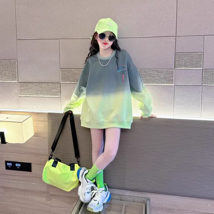 女童韩系长袖卫衣春秋款2024新款中大童时尚印花渐变宽松休闲上衣