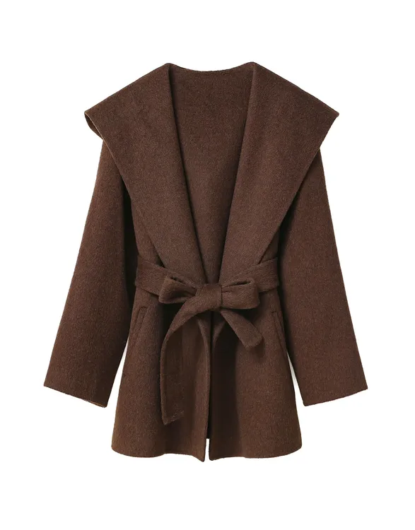 双面呢毛呢中长款大衣宽松设计师时尚连帽外套3W30