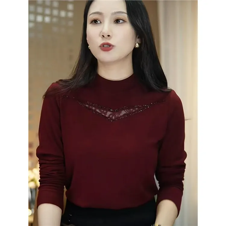 秋冬打底衫女时尚镂空镶钻中年女半高领宽松长袖T恤弹力t恤小衫