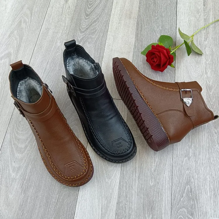 中老年软底妈妈鞋加绒棉鞋保暖冬季女鞋舒适休闲软皮防滑加厚平底