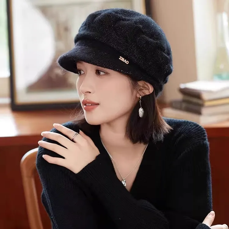 帽子女冬季秋冬针织毛线帽时尚兔毛贝雷帽韩版潮鸭舌帽加厚渔夫帽