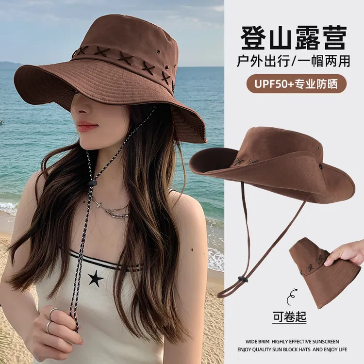 防晒帽女2025新款夏季露营徒步登山渔夫帽户外西部牛仔帽遮阳帽子