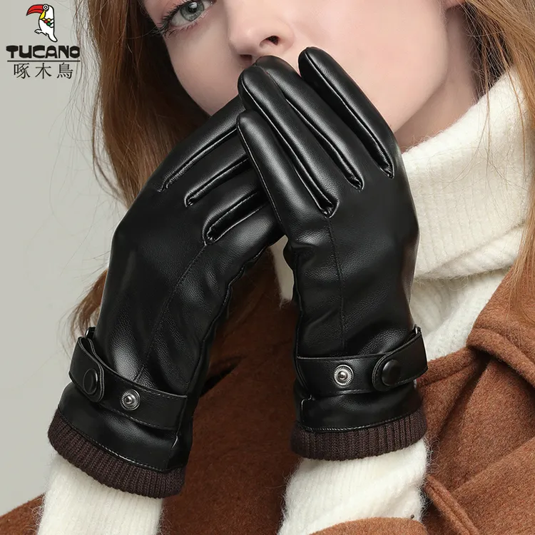 啄木鸟皮手套女冬季骑车加绒加厚防风防水触屏冬天摩托车骑行手套