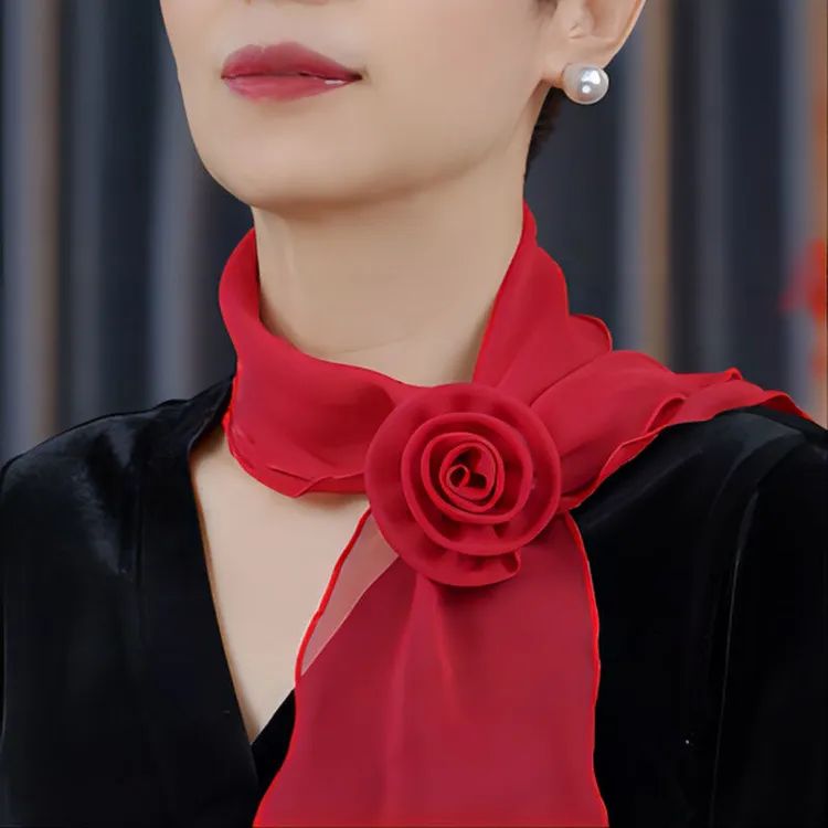 【新芳】手工玫瑰花丝巾新款百搭纺丝丝巾装饰花朵丝巾夏季女士时尚