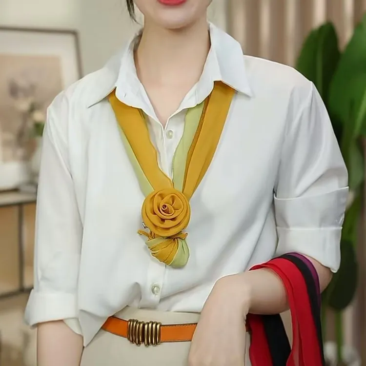 玫瑰新款丝巾纯色百搭气质配玫瑰花朵装饰围巾优雅网红秋冬薄款式