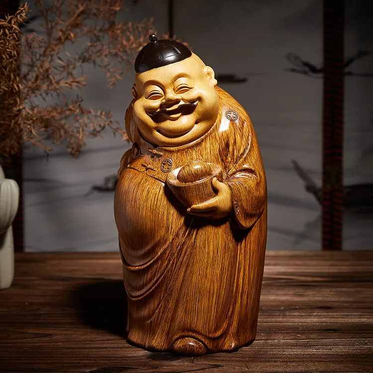 高端中式地主摆件客厅财神爷雕塑仿木雕茶几博古架装饰品桌面摆设