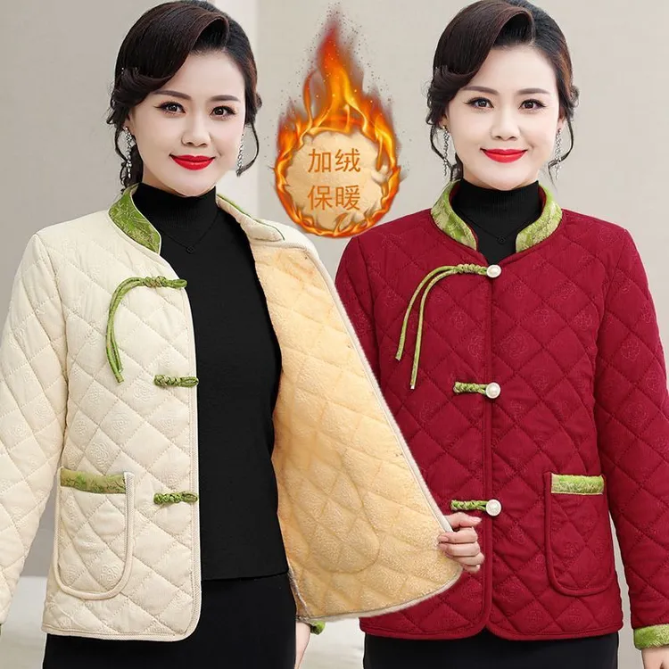 秋冬盘扣棉服中式保暖加厚复古新款妈妈冬季加绒加棉棉衣外套棉袄