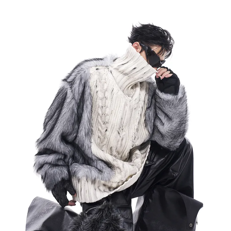 STARTEXCEEDEND 毛毛拼接高领毛衣男秋冬内里加绒加厚手绘针织衫