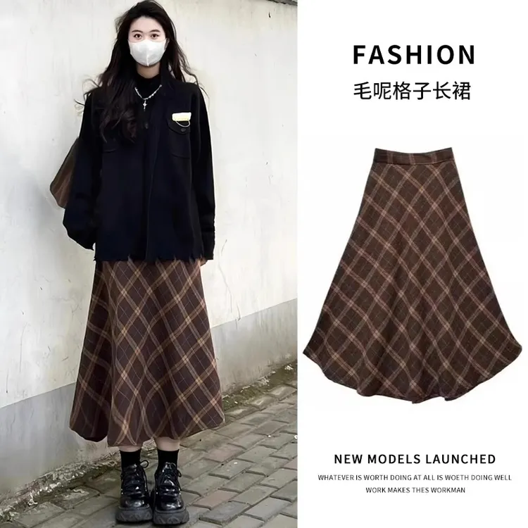春秋冬季新款复古格子半身裙女高腰a字小个子气质美拉德毛呢长裙