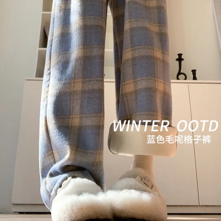 2025新款加绒蓝色格子裤子女秋冬高腰保暖棉裤直筒休闲毛呢阔腿裤