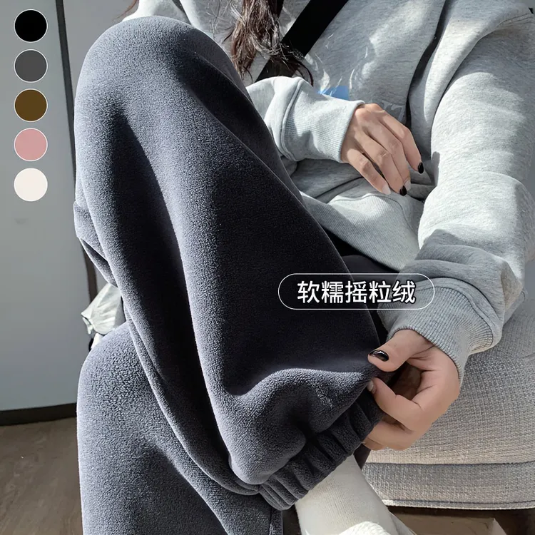 灰色摇粒绒运动裤女秋冬宽松休闲加厚防风保暖棉裤束脚加绒卫裤子