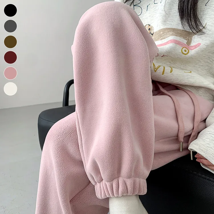 粉色加绒运动裤女秋冬加厚外穿保暖摇粒绒棉裤小个子哈伦束脚卫裤
