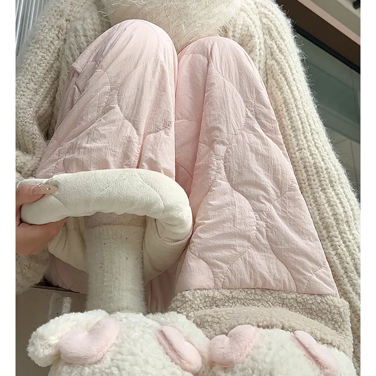 粉色防风棉裤女秋冬季2025新款休闲外穿保暖加绒裤子羊羔绒阔腿裤