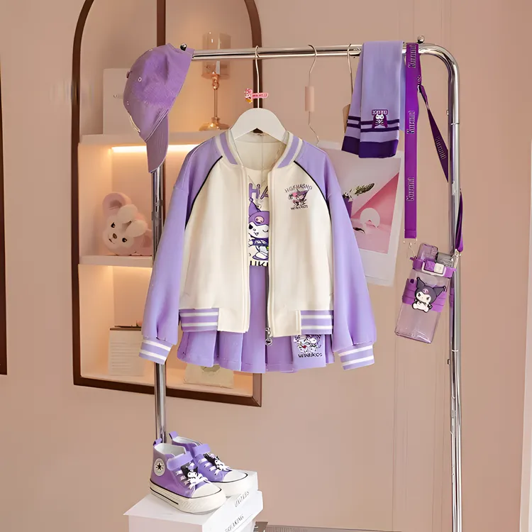 三件套女童棒球服春秋套装库洛米外套百褶裙中大儿童洋气小学生