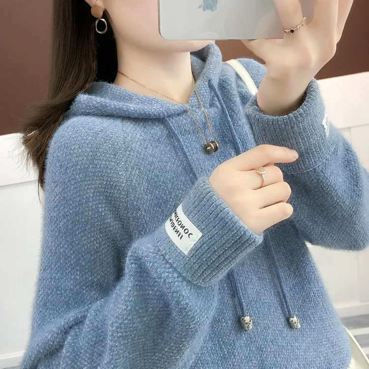 加绒加厚秋冬新款仿貂绒百搭保暖套头宽松针织衫毛衣女连帽卫衣