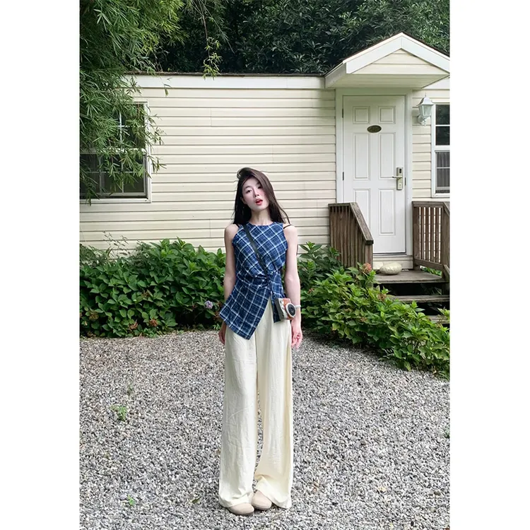 【佛里假日】法式别致复古蓝色格子背心掐腰开叉无袖上衣高腰阔腿裤