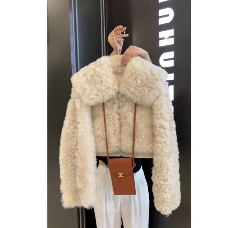 2025春季新款韩系气质小个子短款毛茸茸外套宽松百搭纯色长袖上衣