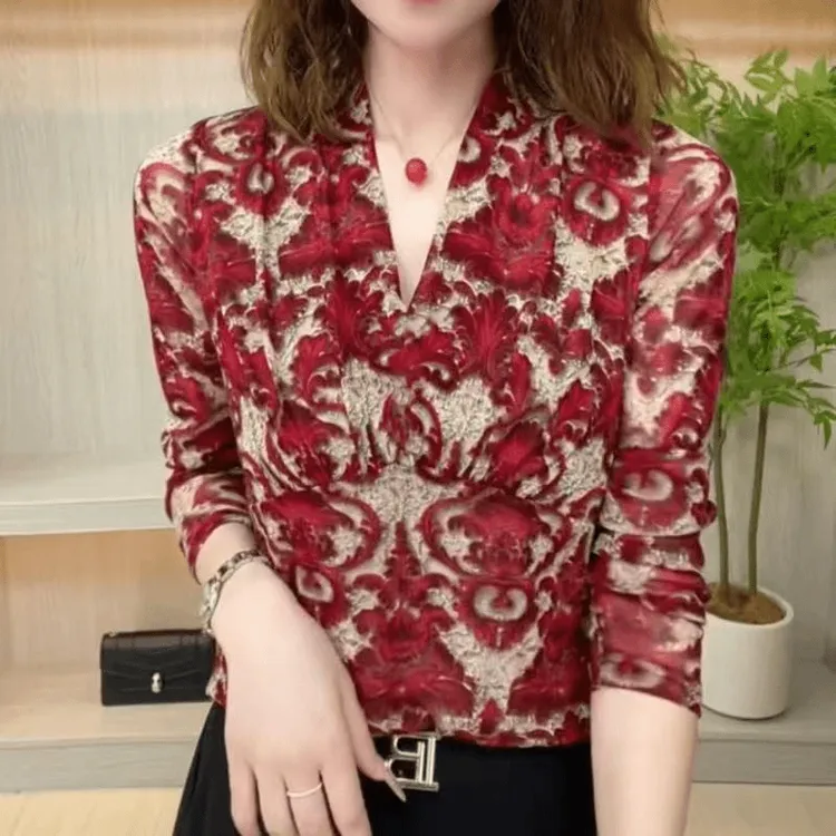 秋季新款2024时尚V领印花复古风长袖洋气减龄妈妈装百搭打底小衫