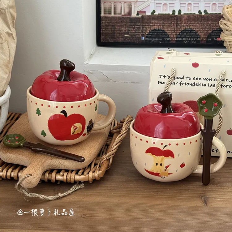 生日礼物可爱苹果陶瓷杯带盖咖啡杯高颜值创意情侣马克杯送男女生