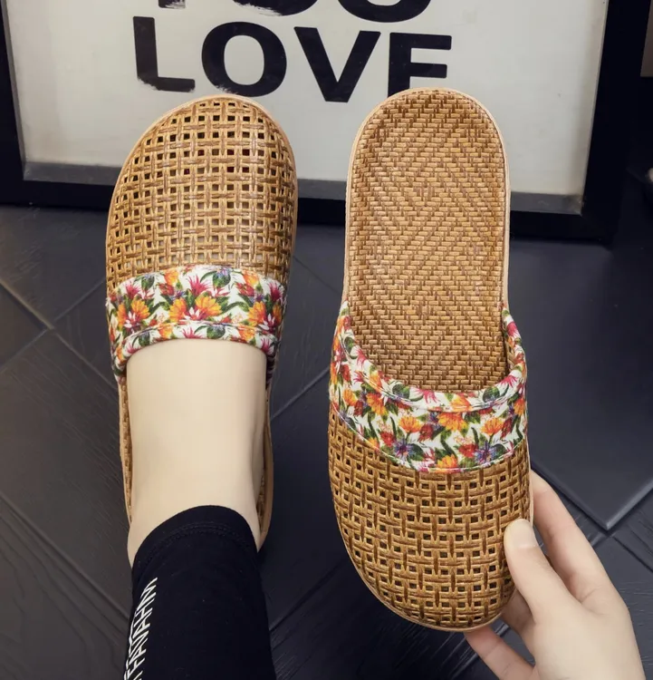 春秋编织网面拖鞋女藤草透气男夏季亚麻草席室内家居家轻便平底鞋