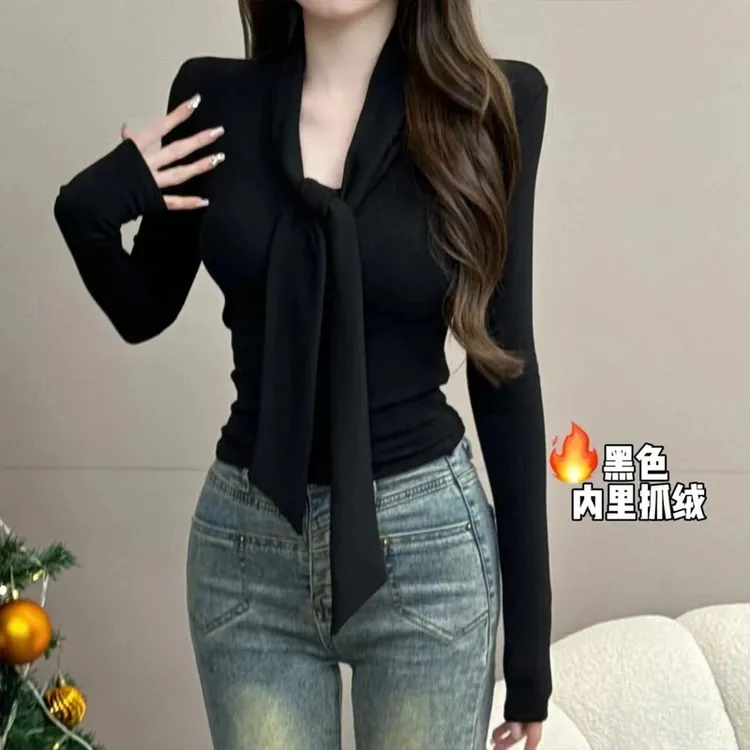 法依绮春秋冬季V领加厚磨毛绒打底衫女系带上衣显瘦内搭长袖T恤潮