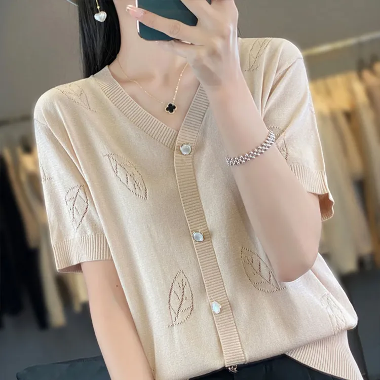 V领短袖t恤女2025新款大码女装夏装冰丝针织衫洋气薄款遮肚子上衣