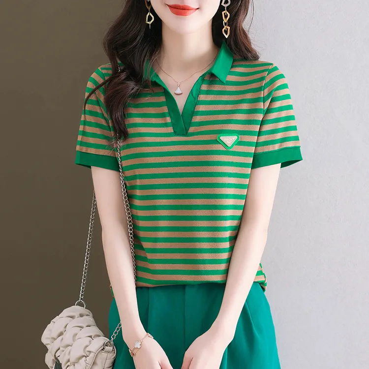 短袖t恤女2025新款夏季洋气高档小衫显瘦大码遮肚子雪纺条纹上衣