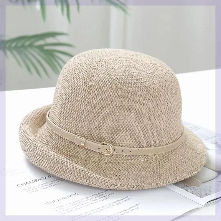 亚麻帽子女夏季防晒薄款名媛风圆顶渔夫帽时尚百搭遮阳沙滩小礼帽