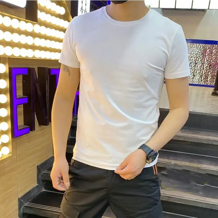 2025夏季高档丝光棉T恤，男士纯色百搭潮流修身圆领打底半袖夏