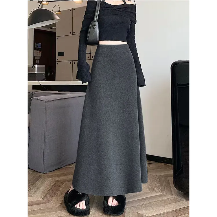 软糯糯米深灰色半身裙女秋冬季新款百搭高腰垂坠感休闲a字长裙子