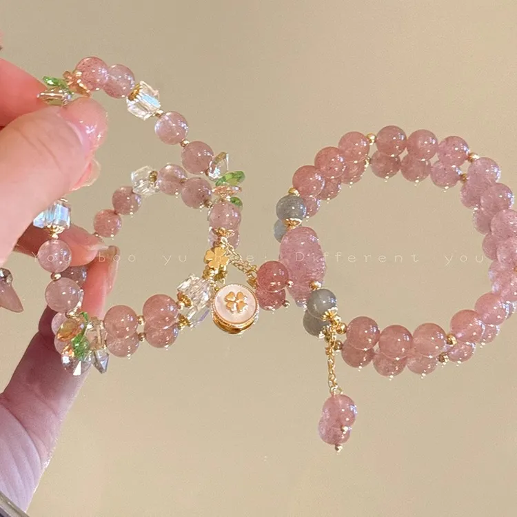 铜合金手链 少女粉招桃花串珠貔貅手链女小众高级感花朵手串手饰 