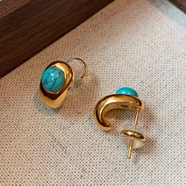 铜合金大理石耳饰 名媛复古绿松纹水滴耳钉女轻奢小众高级感耳环