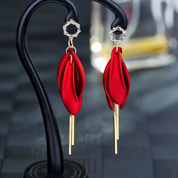 铜合金耳饰 气质925银针花瓣耳环红色喜庆耳钉长款流苏耳饰显脸瘦
