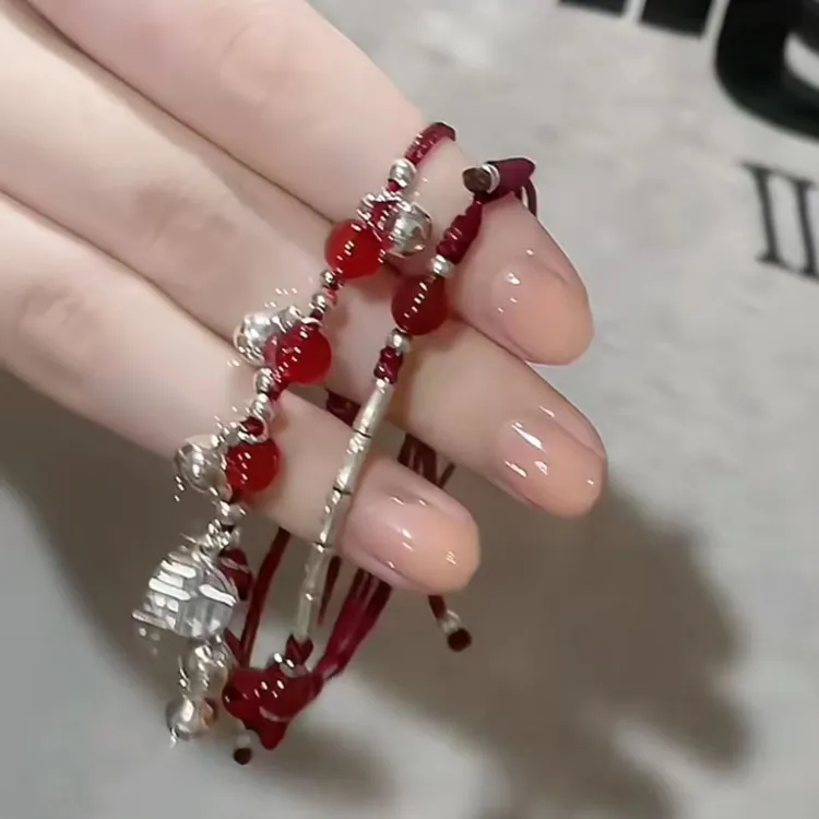 合金手链 苗疆少女甜美双红绳银铃铛手链女纯手工编织少女心素款