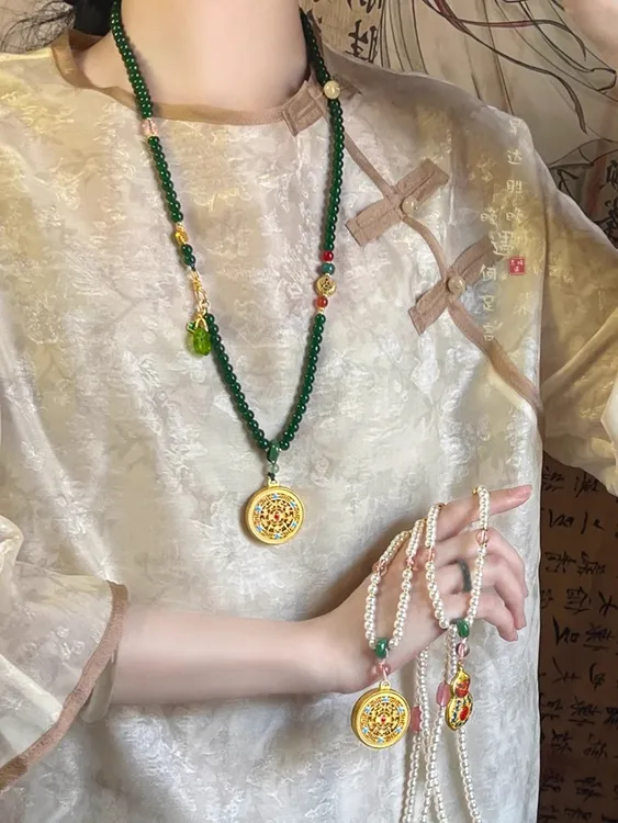 铜合金项链 新中式复古圆牌串珠项链马面裙汉服旗袍民族风毛衣链