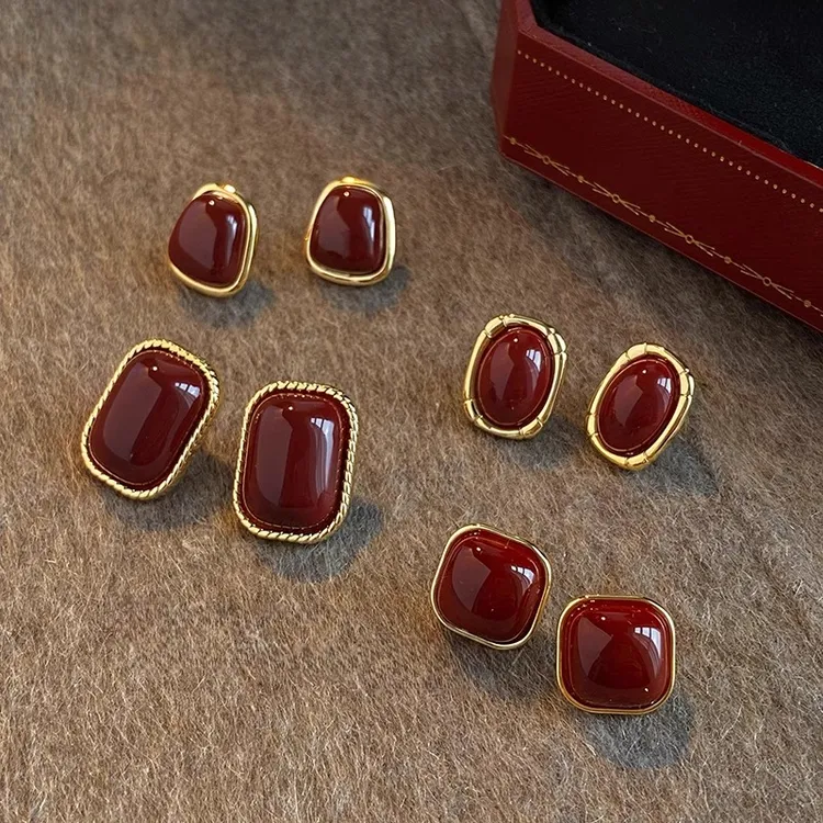 925银针百搭秋冬复古港风红色滴釉耳钉女轻奢气质高级感新年耳环 