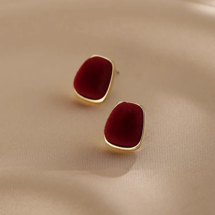 铜合金耳饰 酒红色植绒几何耳钉女925银针耳环小众高级感复古耳饰