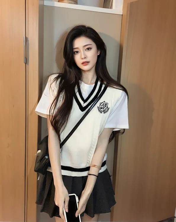 早秋新款小个子多巴胺学院风T恤毛衣背心针织马甲三件套女韩剧