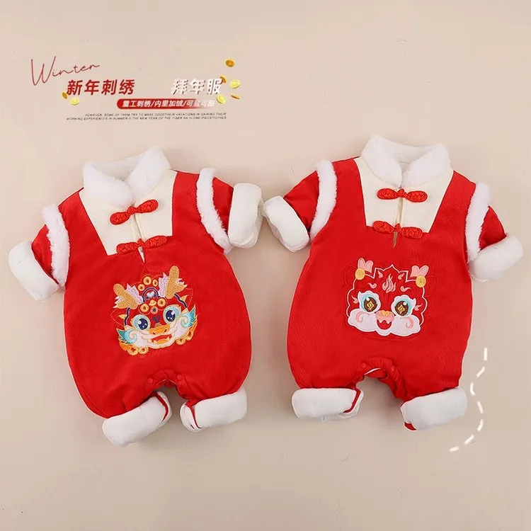 婴儿衣服冬季加厚连体衣超萌爬服新生儿可爱洋气过年喜庆外出服潮