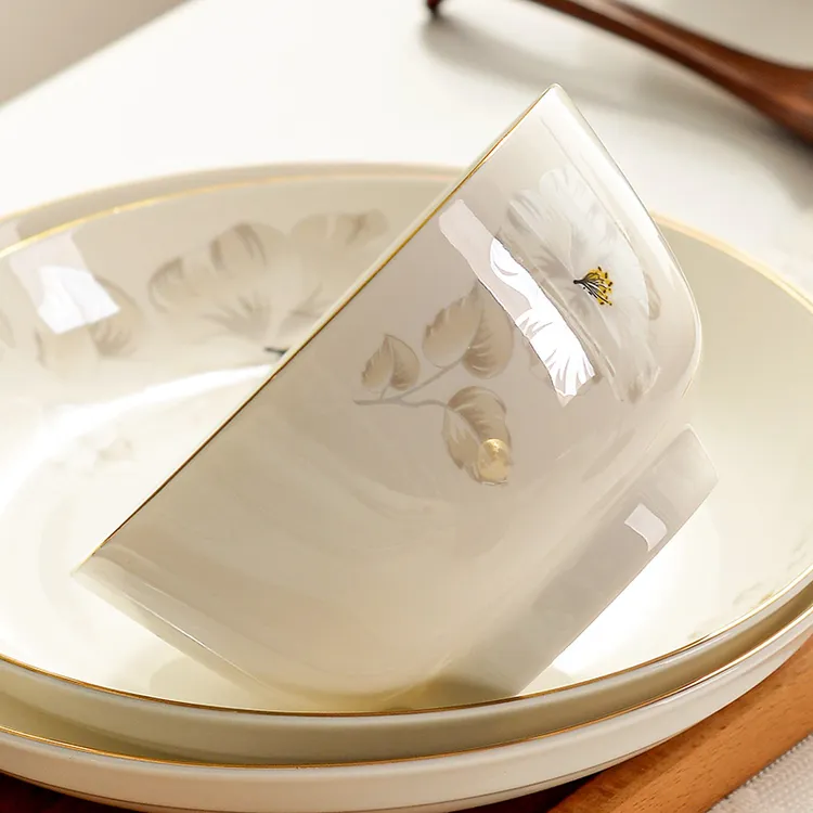 溢彩碗盘吃饭碗骨质瓷米饭碗釉下彩金边陶瓷防烫圆盘方盘鱼盘碗盘