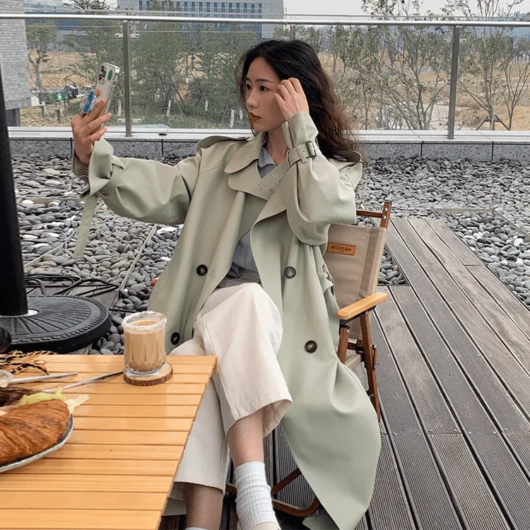 韩版英伦春秋气质显瘦通勤时尚小个子外套中长款格子风衣fy10