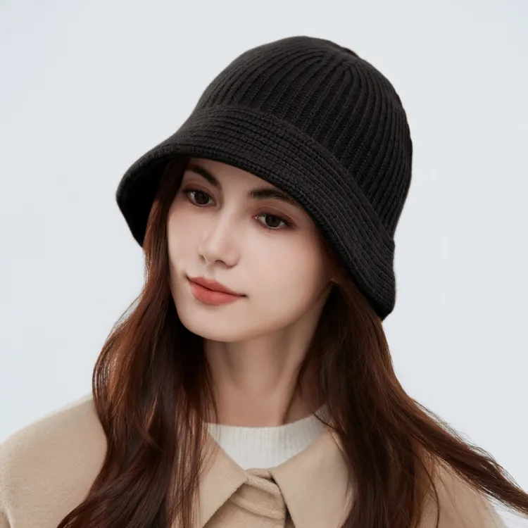 秋冬季纯羊毛渔夫帽女士显脸小水桶帽时尚百搭保暖毛线帽潮搭冷帽