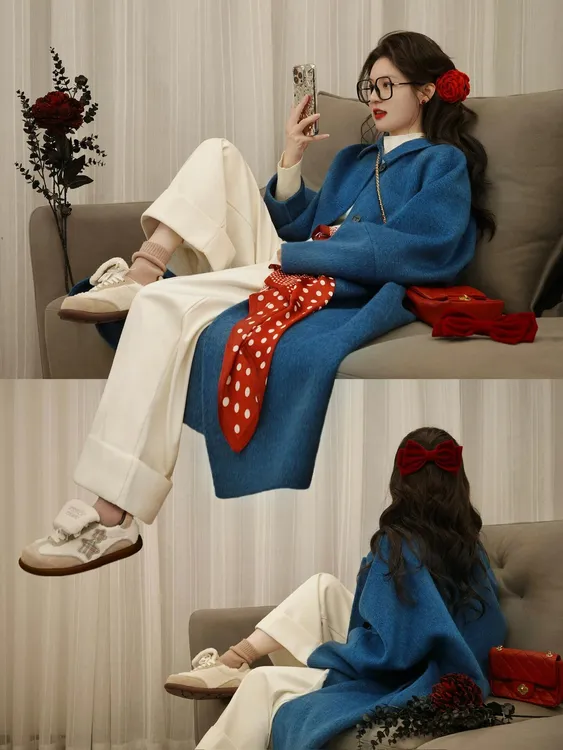 2024秋冬新款高级感蓝色毛呢外套女百搭针织打底休闲休闲裤三件套
