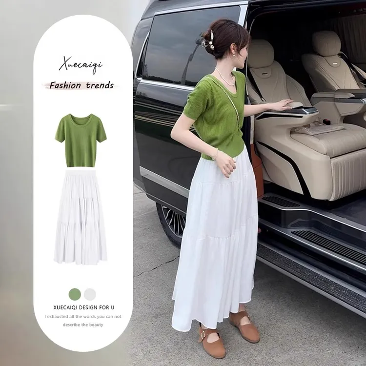 夏装炸街减龄时尚穿搭一整套薄荷绿气质穿搭半身裙两件套装裙子女