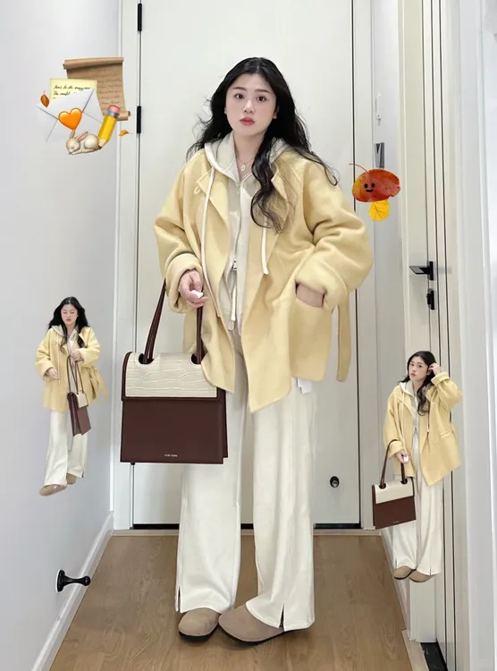 2024秋冬搭配一整套温柔风毛呢外套搭配连帽卫衣休闲裤三件套装女