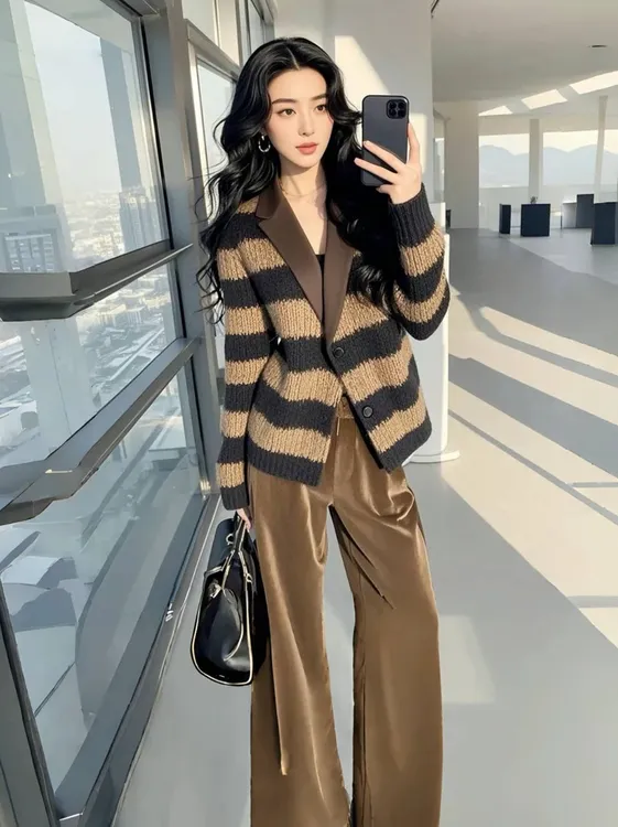 一整套秋季穿搭高级感气质减龄小香风咖色条纹外套长裤子时尚套装